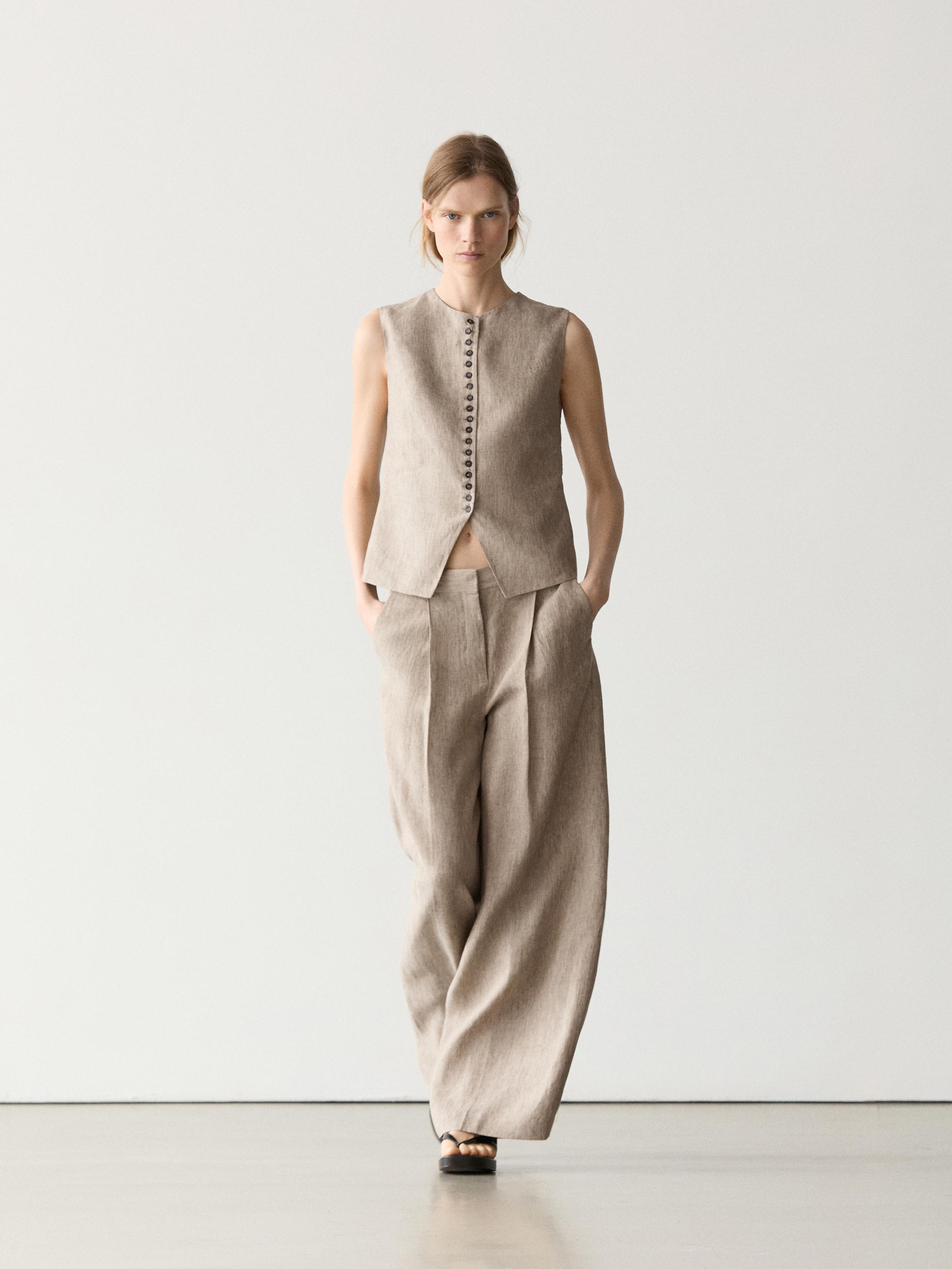 Pantalon chiné avec plis en lin